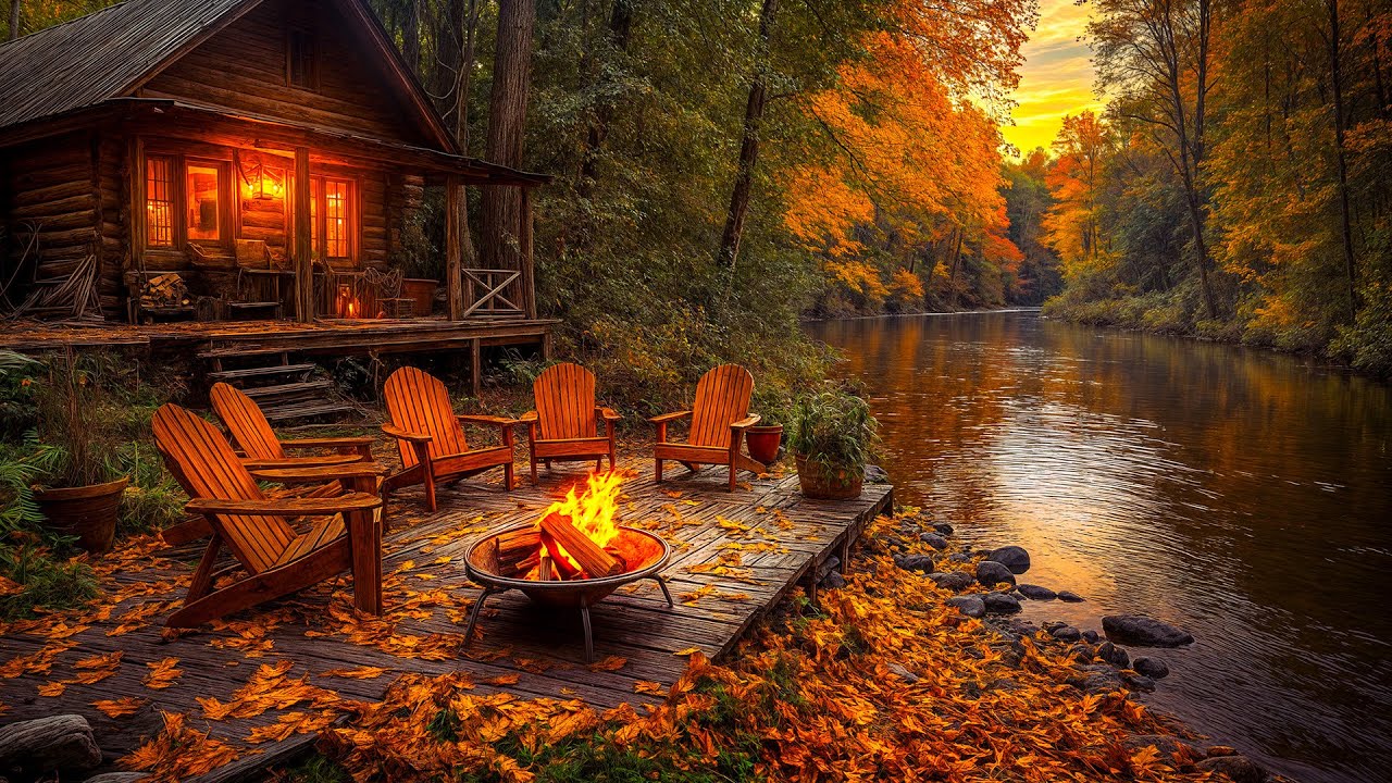 🍂 Relaxing Autumn Cabin Porch by the River 🔥 Cozy Fire Sounds & Gentle ...