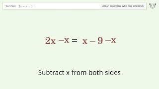 Linear equation with one unknown: Solve 2x=x-9 step-by-step solution