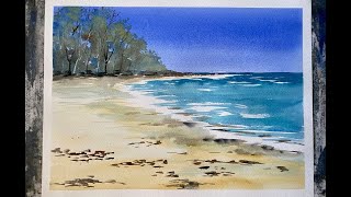 How To Paint A Simple Deserted Beach, Watercolour Seascape, Loose Watercolor Landscape Tutorial