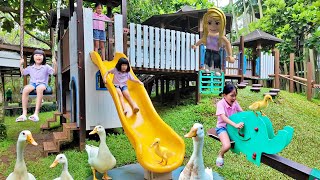 Play on the slide, swing, and see-saw at the playground, feed the ducks, and play Roblox.