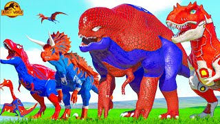 All Dinosaurs Fighting Tyrannosaurus Rex vs SpiderMan NEW Indominus Rex Superhero Jurassic Spiderman