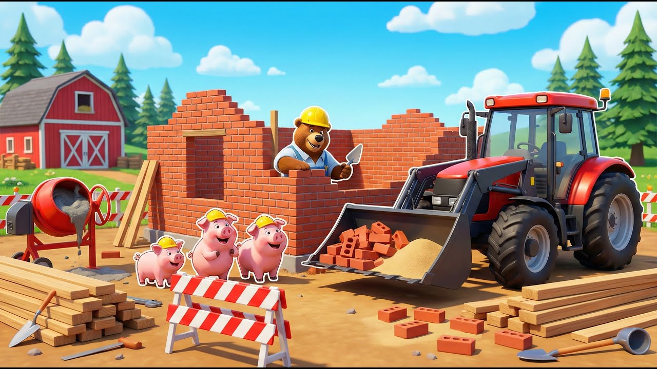 Tractor & Construction: Farmer Bear Builds a Brick House for Pigs | Farm Vehicles for Kids