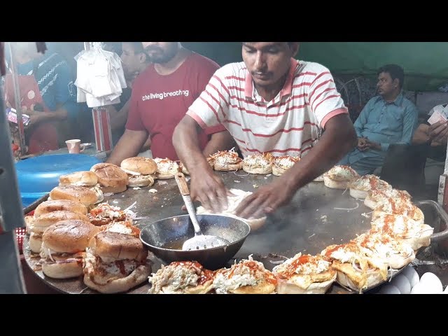 burger making super fast cooking skills egg anda bun kabab at street food of karachi pakistan