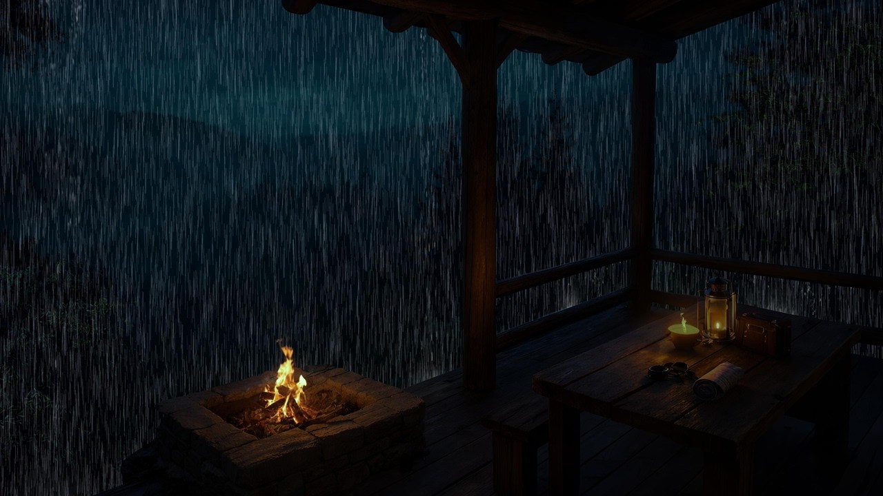 A cozy cabin deep in a dark forest surrounded by heavy rain & warmed by ...