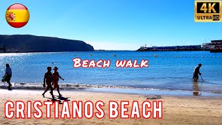 Walk along the beach of Los Cristianos. Tenerife today 4K