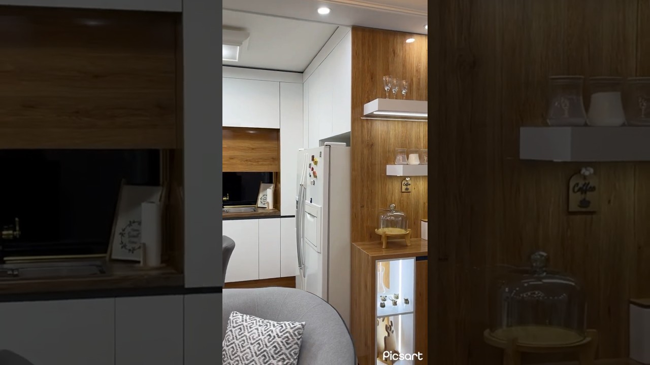 Modern White & Wood Grain High-Gloss Kitchen | Stylish Coffee Bar Design