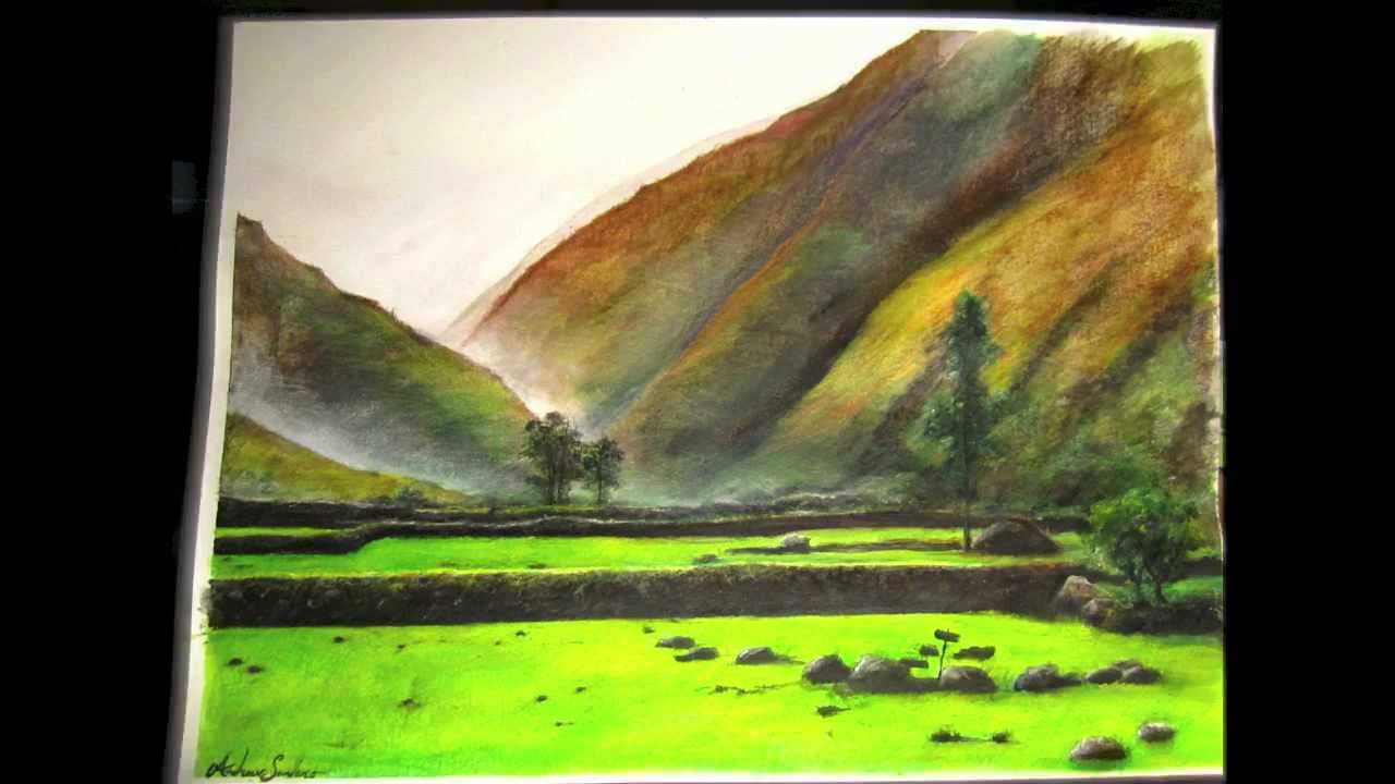 Peruvian Mountain Landscape Watercolor Pencil Speed Drawing - YouTube