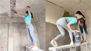 Young girl with great cement mortar skills-Great engineering in construction PART 1