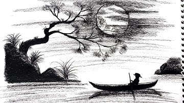 Relaxing Charcoal Drawing of a Boat Under the Moonlight | Easy Landscape Sketch Tutorial