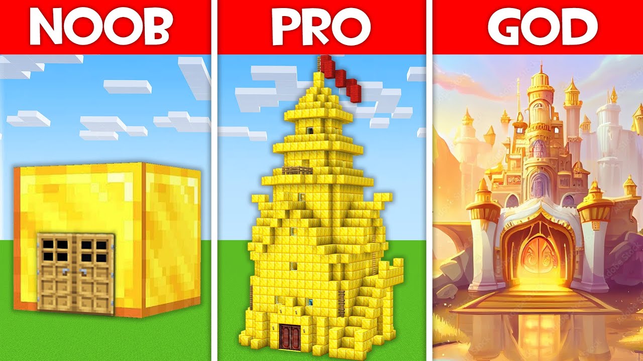 Minecraft Battle: GOLDEN HOUSE BUILD CHALLENGE - NOOB vs PRO vs HACKER ...
