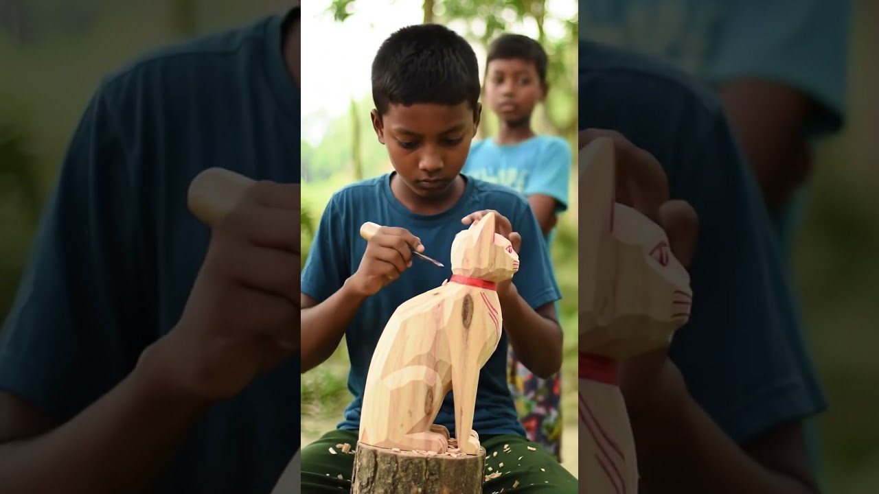 A Village Boy Carving a Big Wooden Cat 😺 | 
