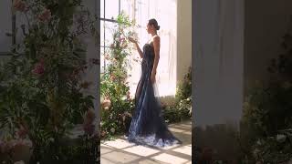 Bold Lines & General Spirit Strapless Navy Blue Beaded Gown A1379 With Floral Motif And Tulle