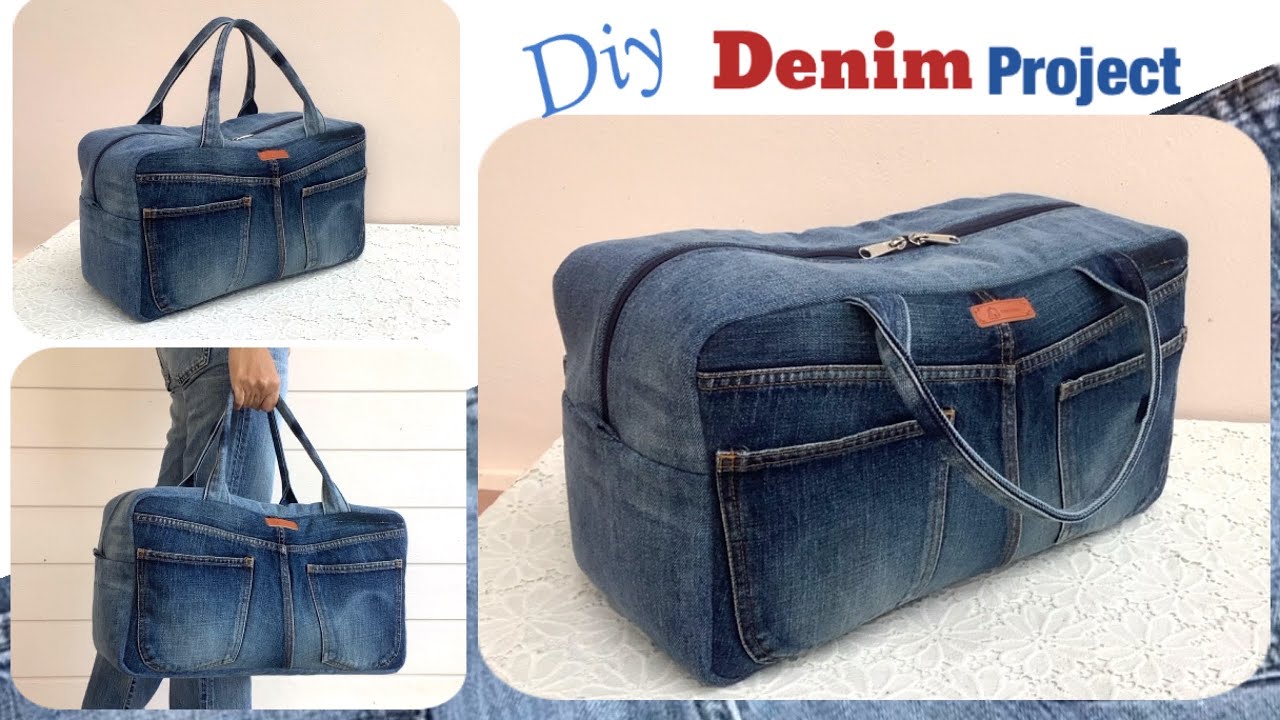 Large Travel Denim Bag Weekender Bag of Recycled Jeans Jean 