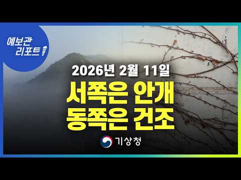 오전까지 서쪽 지역에 짙은 안개가 끼겠고, 동쪽 지역은 대기가 매우 건조하겠습니다. (기상청 예보 26년 2월 11일 05시 기준)