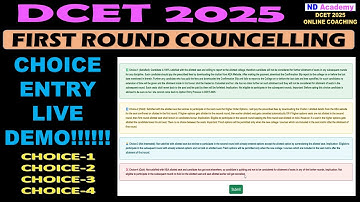CHOICE ENTRY LIVE DEMO!!! |DCET 2025 FIRST ROUND COUNSELING CHOICES 1, 2, 3, 4 live demo |ND Academy