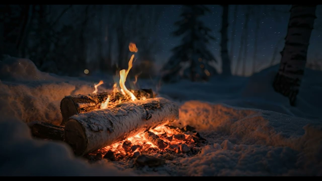 Arctic Winter Campfire at Dusk ❄️ Cozy Birch Fire Ambience for Sleep & Relaxation (10 Hours)
