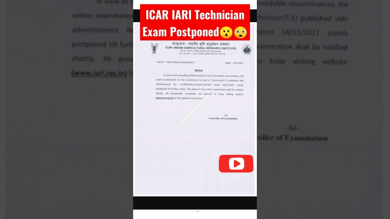 ICAR IARI Technician Exam Postponed😲😯 