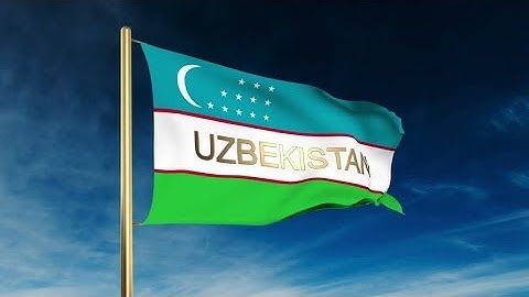 4K Uzbekistan flag slider style with title. Waving in the wind with cloud background animation