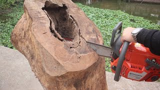 Restructuring Giant Damaged Logs With Basic Woodworking Tools - Rainbow Curve Design At Table Leg