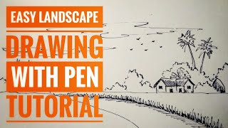 Easy landscape drawing | village landscape | How to draw landscape with fountain pen