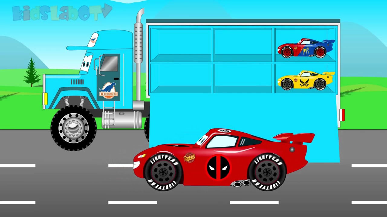 Disney dinoco big transport truck and superheroes lightning mcqueen - cars for kids