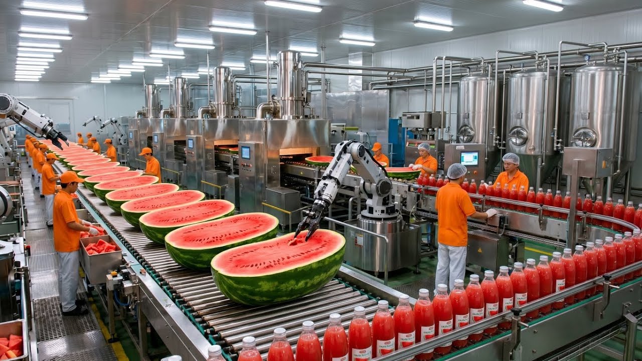 How WATERMELON juice is made in Factory – Full Production Process (From ...
