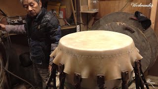Process of Making Korean Traditional Dragon Drum. Drum Master, His Son and Cats