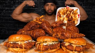 (ASMR) NASHVILLE HOT CHICKEN SANDWICH, TENDERS, DRUMSTICKS, AND POUTINE MUKBANG