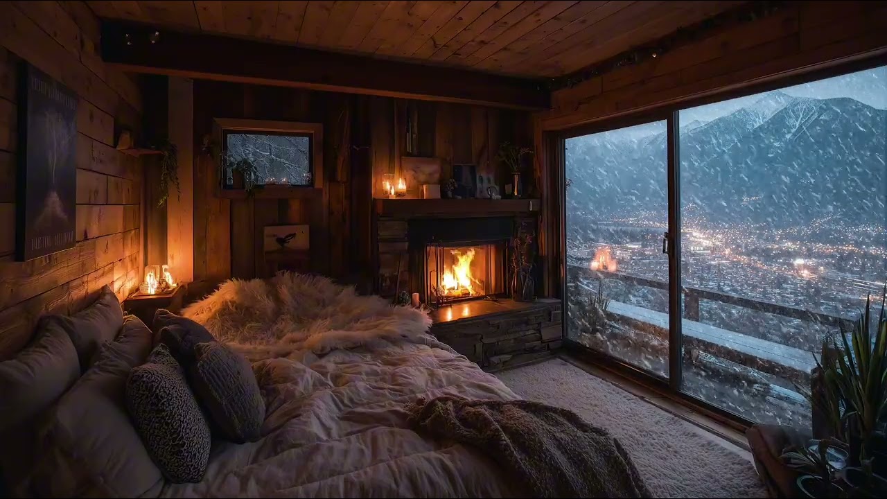 Falling Asleep to a Snowstorm ❄️  | Cozy Cabin Bedroom Fireplace | Winter Night