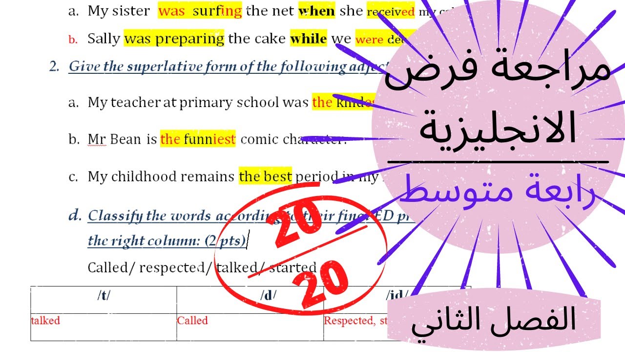 مراجعة لفرض الانجليزية للسنة الرابعة متوسط (الفصل الثاني)