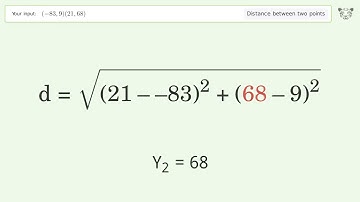 Find the distance between two points p1 (-83,9) and p2 (21,68): Step-by-Step Video Solution
