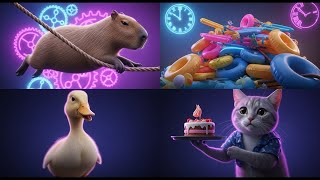 Neon Dusk Rope Duel: Capybara vs Duckling in Clockwork Plaza