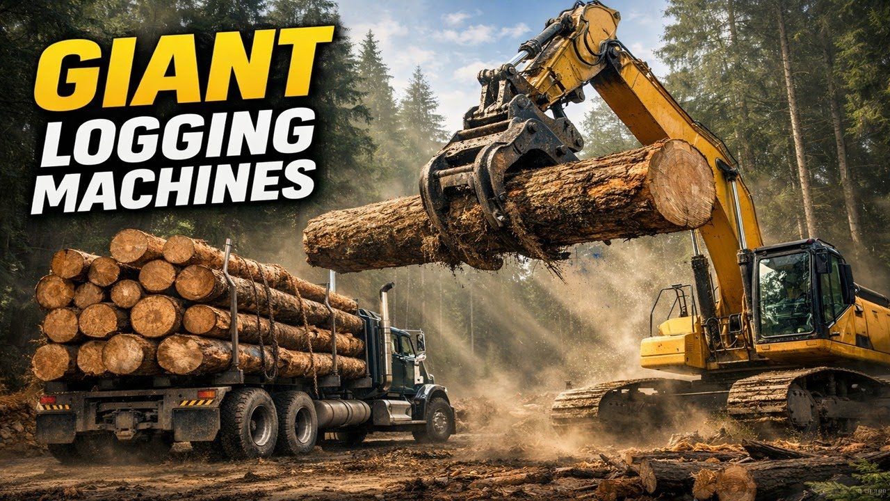 Heavy Machinery Logging Operation in Full Swing! Watch Excavators Load Massive Timber Trucks