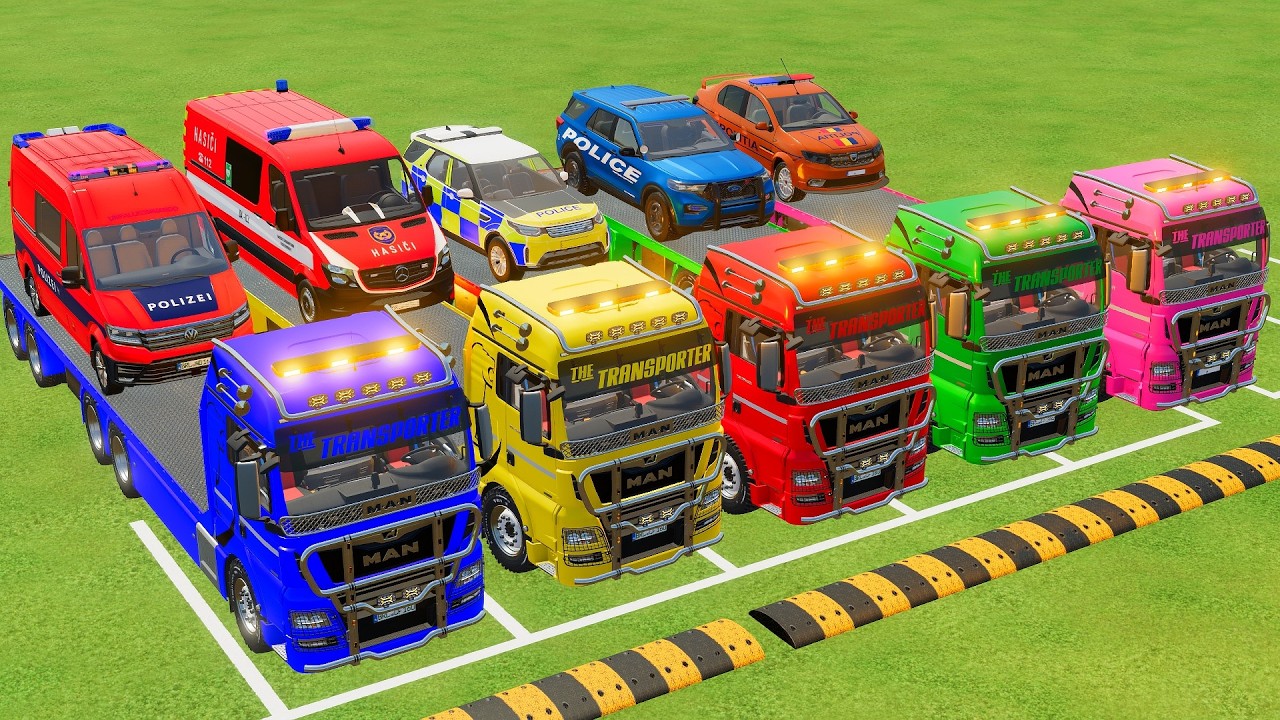 DACIA, MCQUEEN CAR, FORD POLICE CARS, AMBULANCE EMERGENCY TRANSPORTING WITH TRUCKS ! FS22 0202 #6