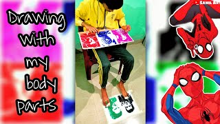 SPIDERMAN drawing with my whole body parts🔥| Five Drawing in SAME TIME Draw like a printer Challenge screenshot 4