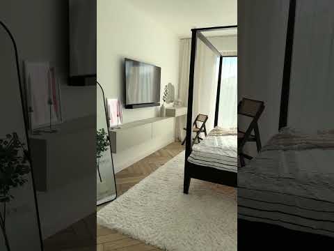 Sypialnia z garderobą: minimalizm, kontrasty i drzwi przesuwne z rattanem! #bedroom #homedecor