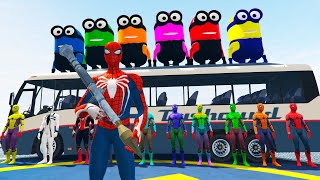 GTA 5 FUNNY MOMENTS OF SPIDERMAN WITH COLORFUL MINIONS #5 (FALLS FROM HEIGHT RAGDOLLS)