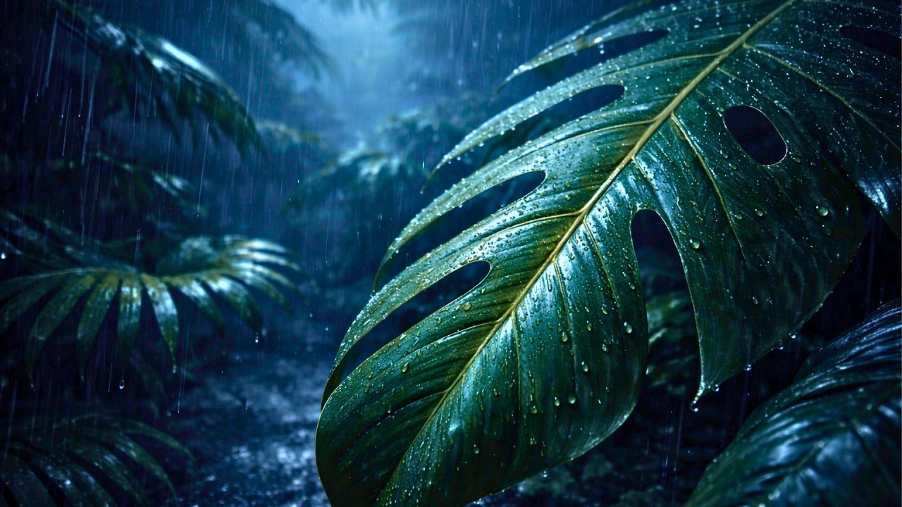 Rain on Jungle Leaves at Night 🌿 Deep Sleep Rainforest Sounds (1 Hour)