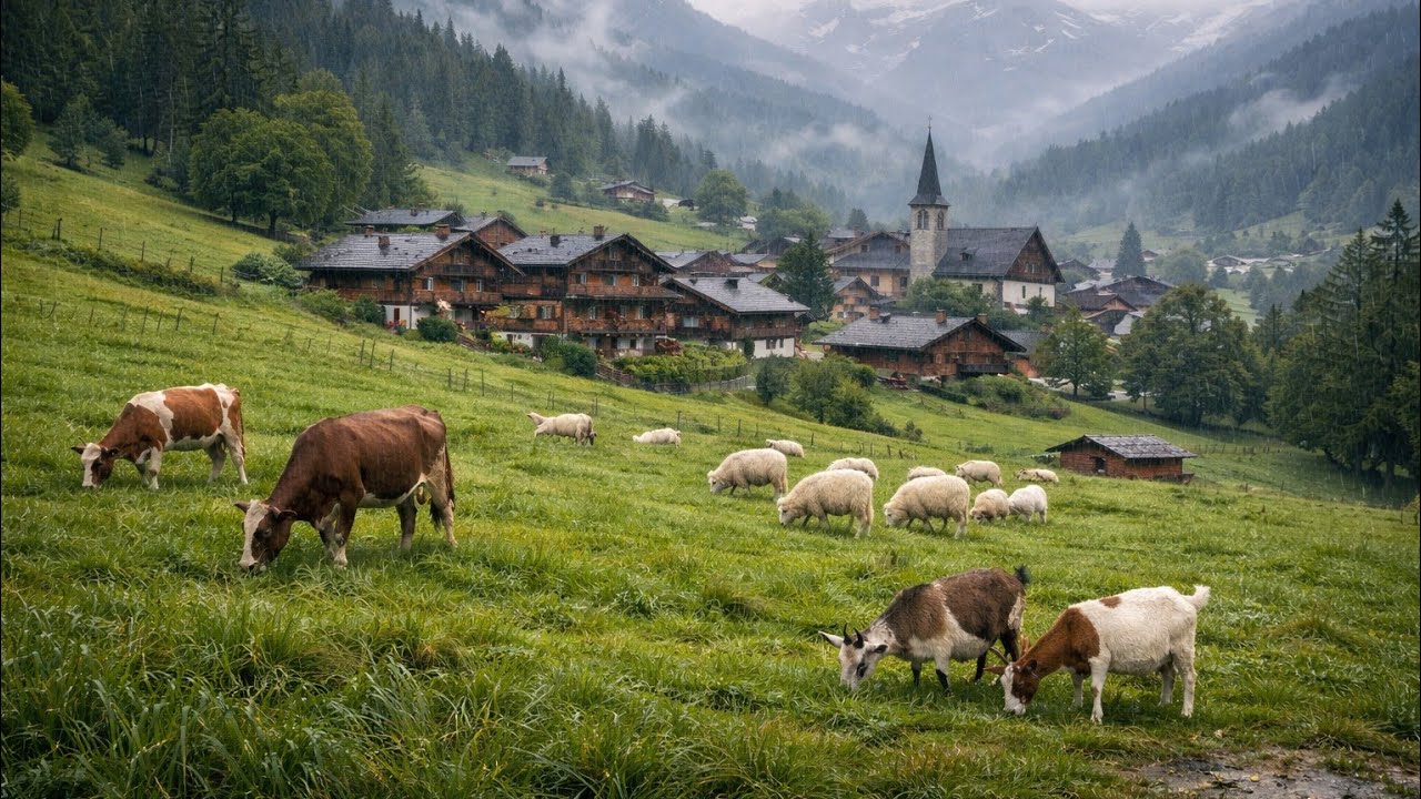 Peaceful Rainy Swiss Village with Grazing Animals and Lush Green Nature