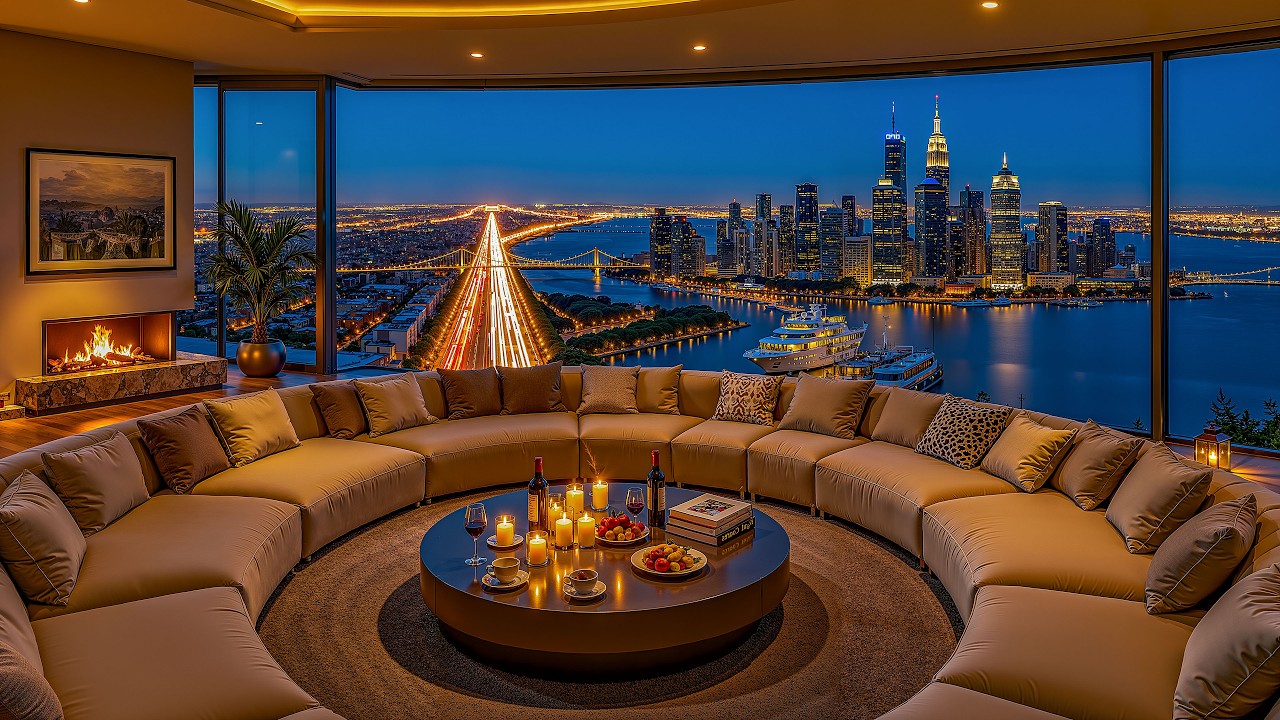 Luxury Apartment in New York City | Relaxing Jazz Background Music and Fireplace Glow for Calm Focus