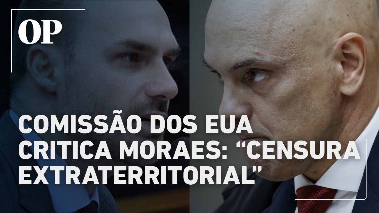Mapa do Brasil e dos EUA com destaque para Alexandre de Moraes e liberdade de expressão.