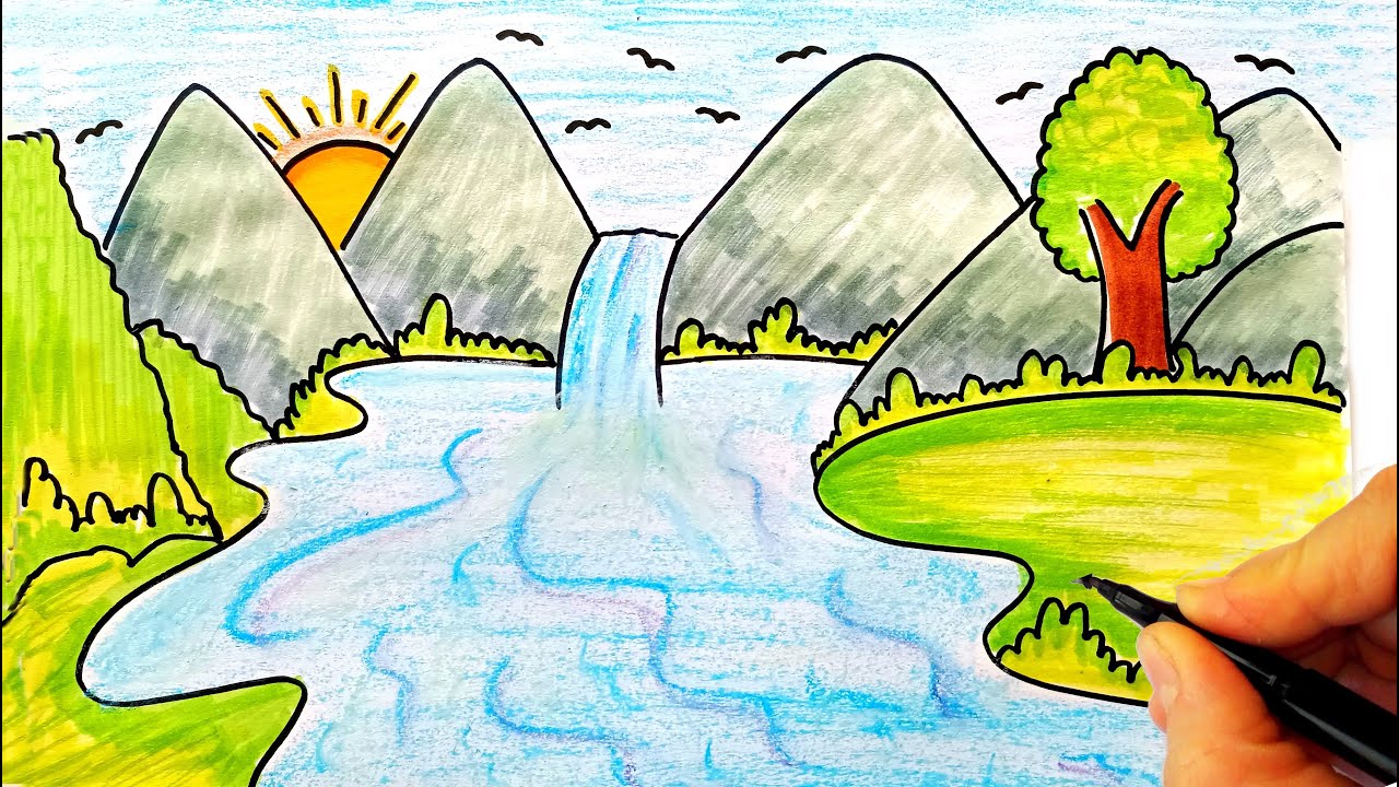 Kolay Manzara Resmi Çizimi 🌳 Şelale, Dağ ve Ağaç Çizimi 🎨