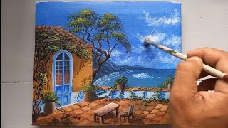 sea side house acrylic color painting / how to draw sea beach simple landscape painting