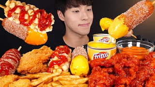양념치킨, 명랑핫도그, 통다리 치킨 먹방! 불닭 마요 소스,  프리토스 치즈 소스까지 CORN DOGS &amp; FRIED CHICKEN MUKBANG ASMR EATING SOUNDS