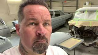 Auto Body: 1957 Chevy spraying primer, block sanding, body work