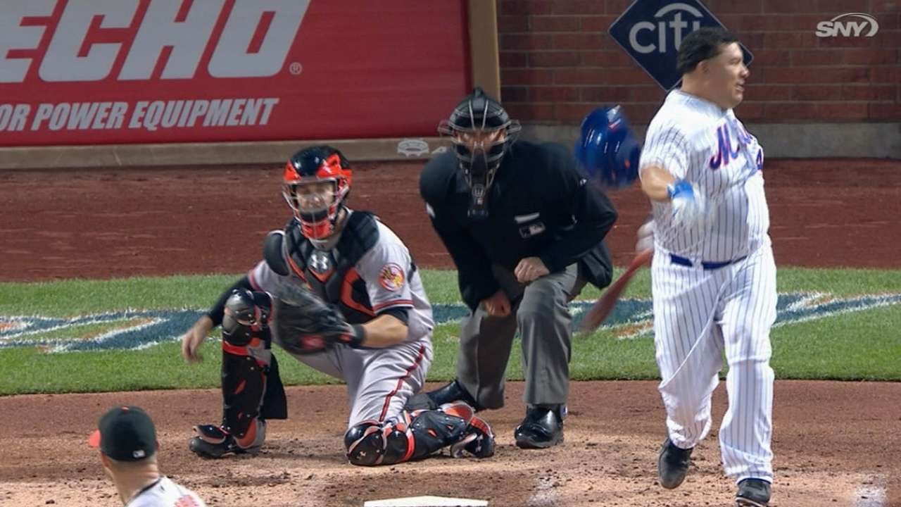 Colon misses ball, hits helmet on strikeout 