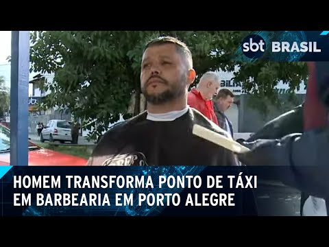 Video barbeiro-transforma-ponto-de-taxi-em-local-de-trabalho-apos-enchente-sbt-brasil-18-05-24