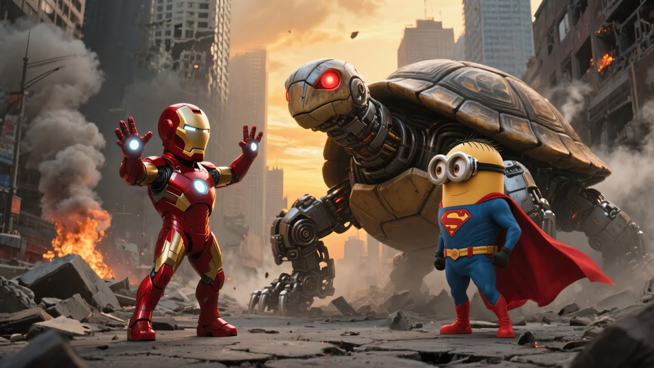 Minion Ironman and Minion Superman Face Off Against a Giant Mecha Turtle in Ruins - Brainrot Italian