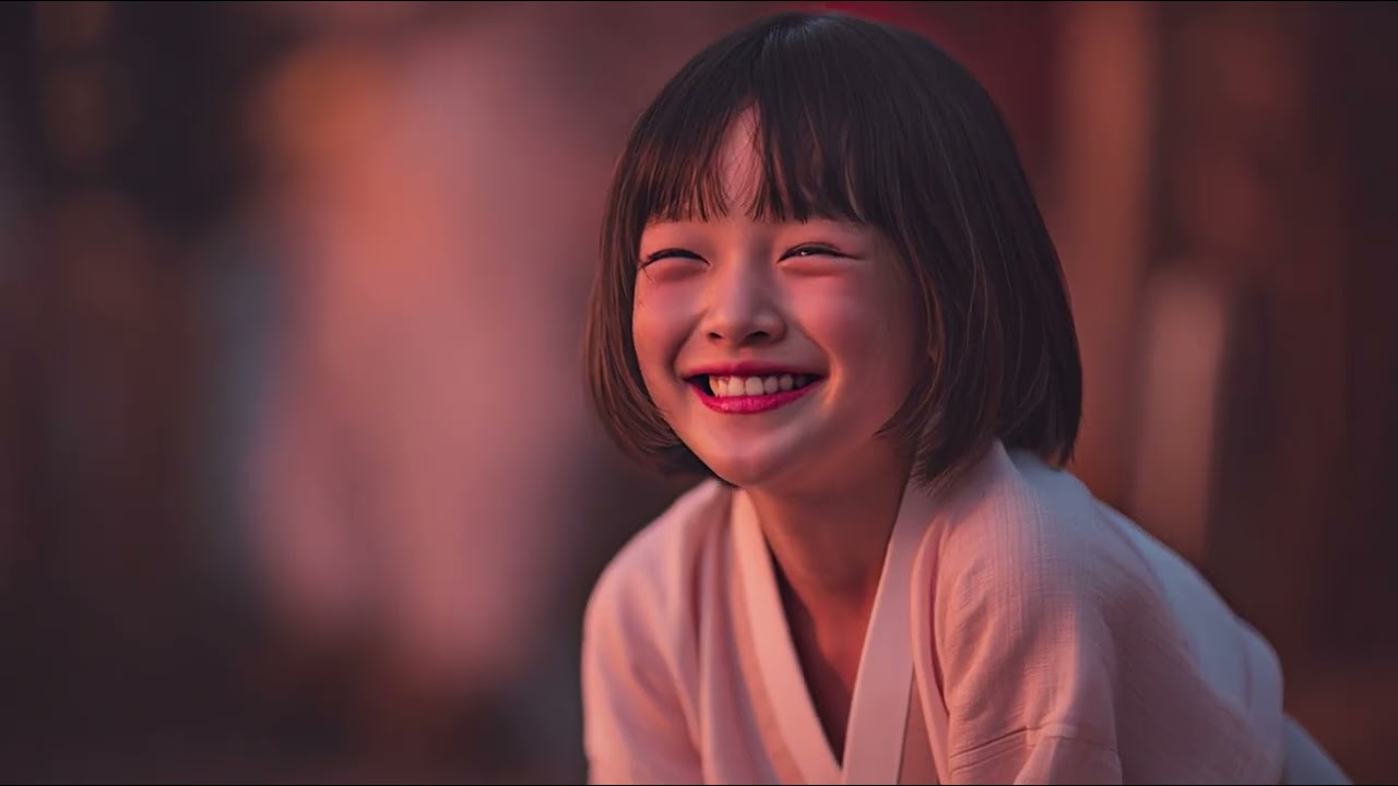 「상흔의 유산」의 한 장면 — 노을빛 속에서 환하게 웃는 소녀