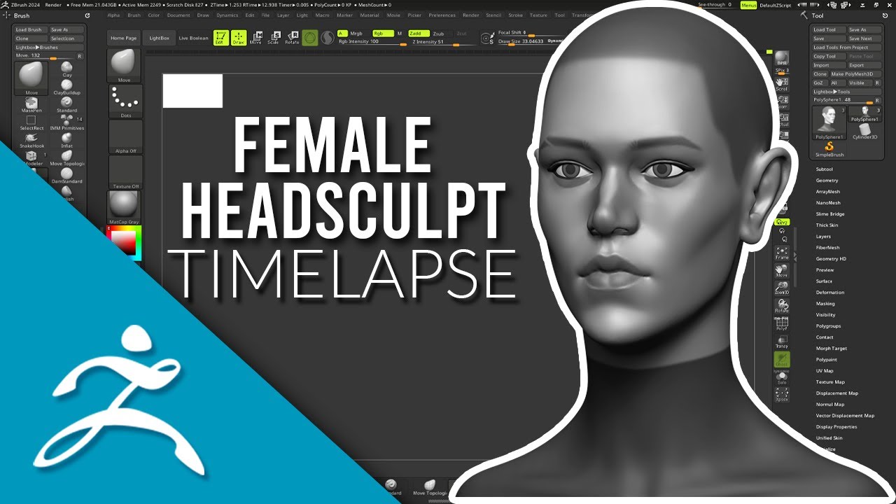 Sculpting a female head in Pixologic Zbrush - YouTube